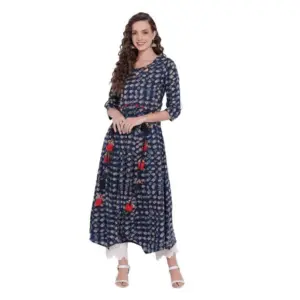 Women's Cotton Printed Regular Kurti (Navy Blue, Cotton)