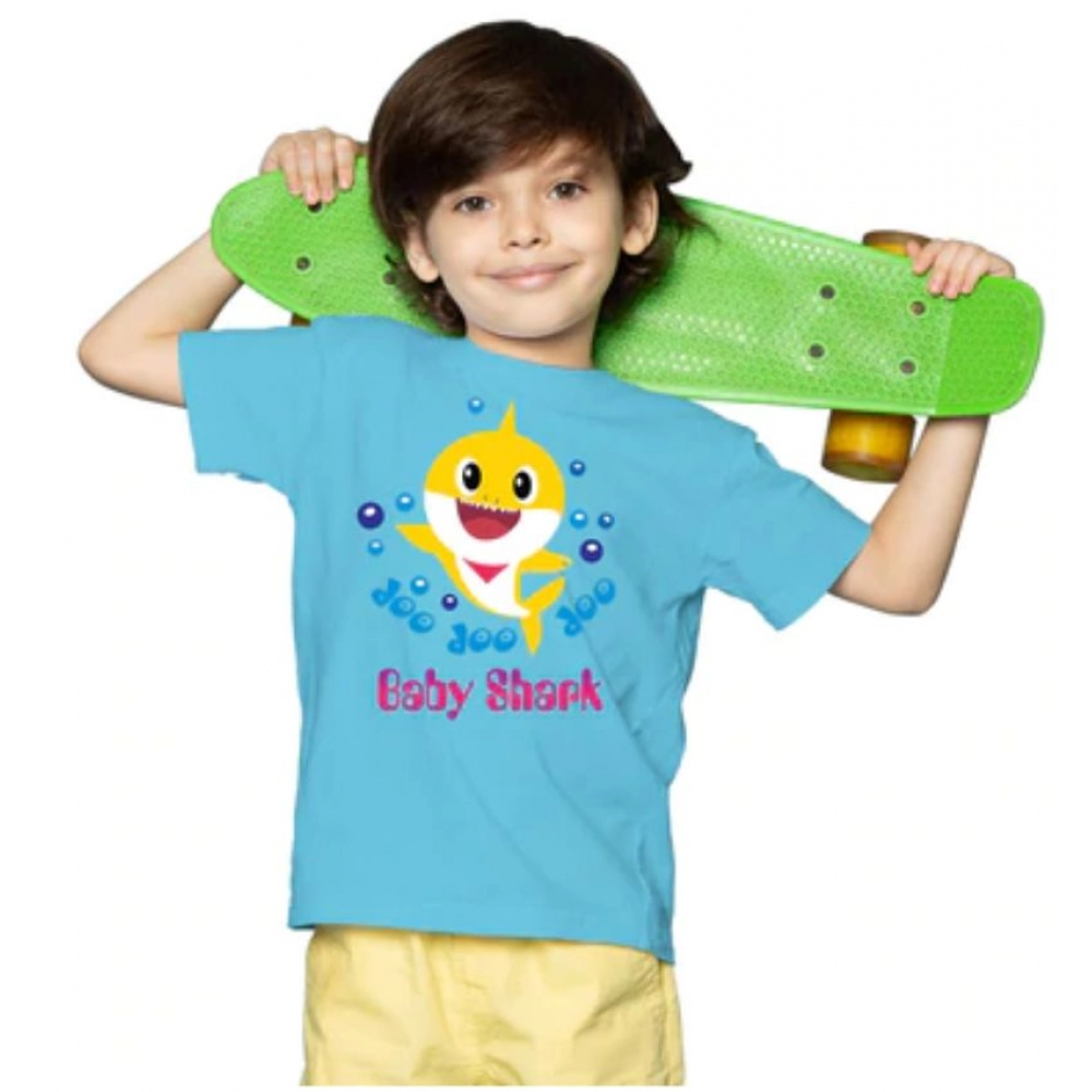 Boys Cotton Baby Shark Half Sleeve TShirt (Blue) - Image 4