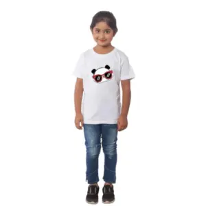 Girls Cotton Panda Glass Half Sleeve TShirt (White)