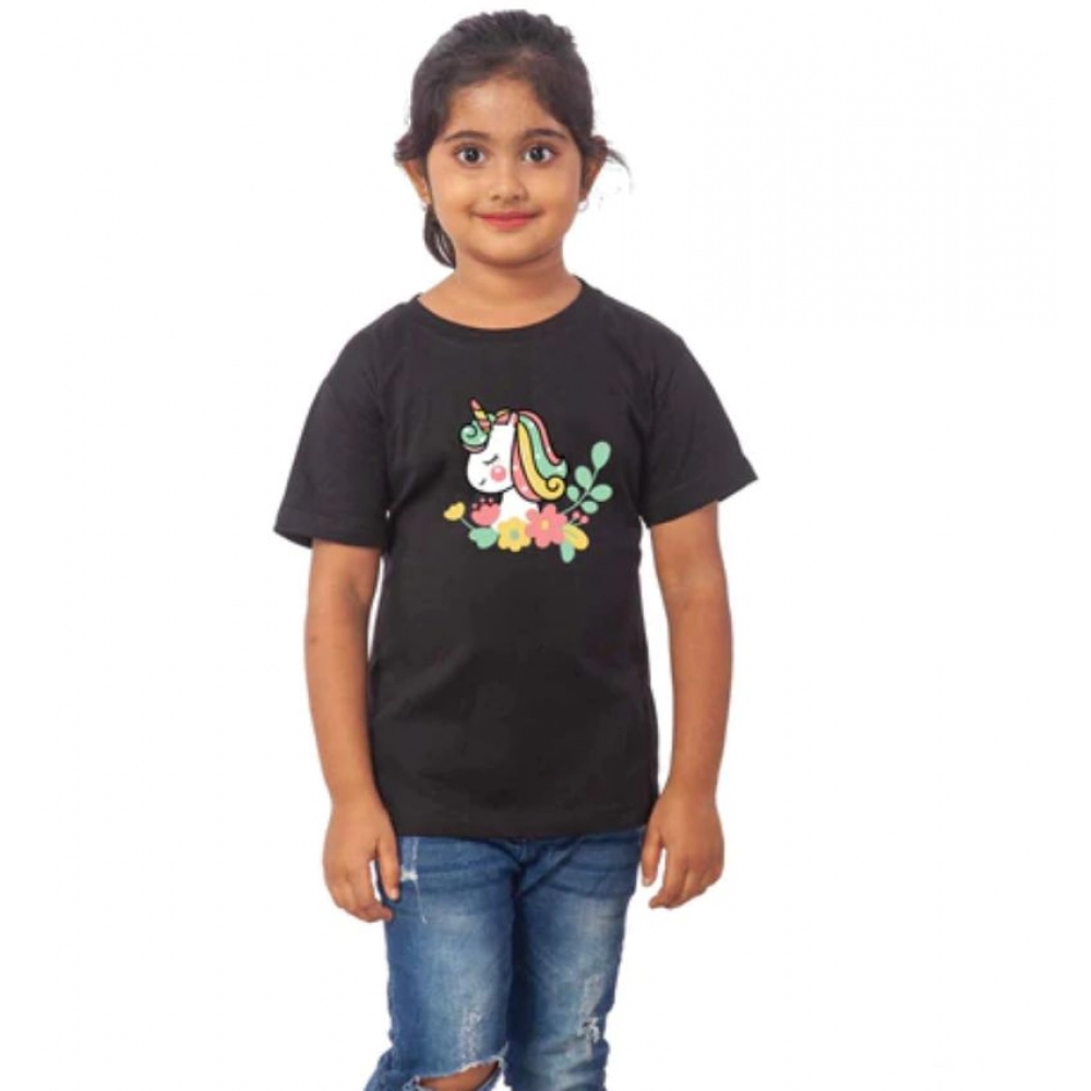 Girls Cotton Unicorn Face Half Sleeve TShirt (Black) - Image 4
