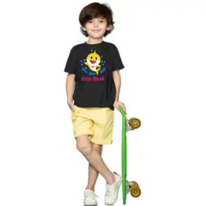 Boys Cotton Baby Shark Half Sleeve TShirt (Black)