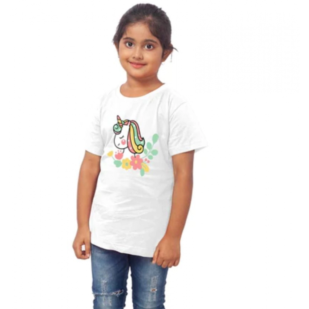 Girls Cotton Unicorn Face Half Sleeve TShirt (White) - Image 4