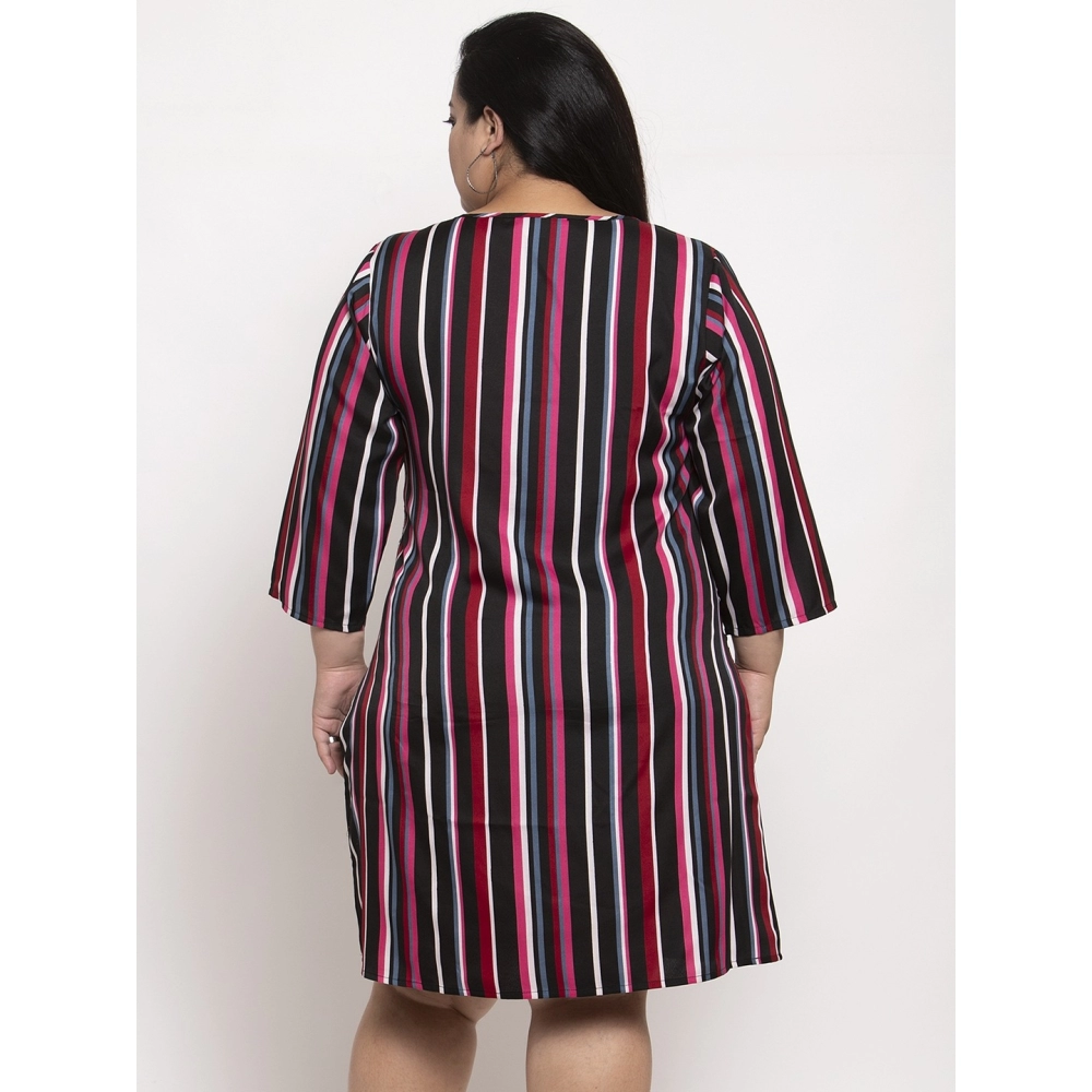 Women's Crepe Printed Strip Knee Length Fit and Flare Dress (Multicolor) - Image 3