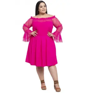 Women's Crepe Solid Knee Length Fit and Flare Dress (Pink)