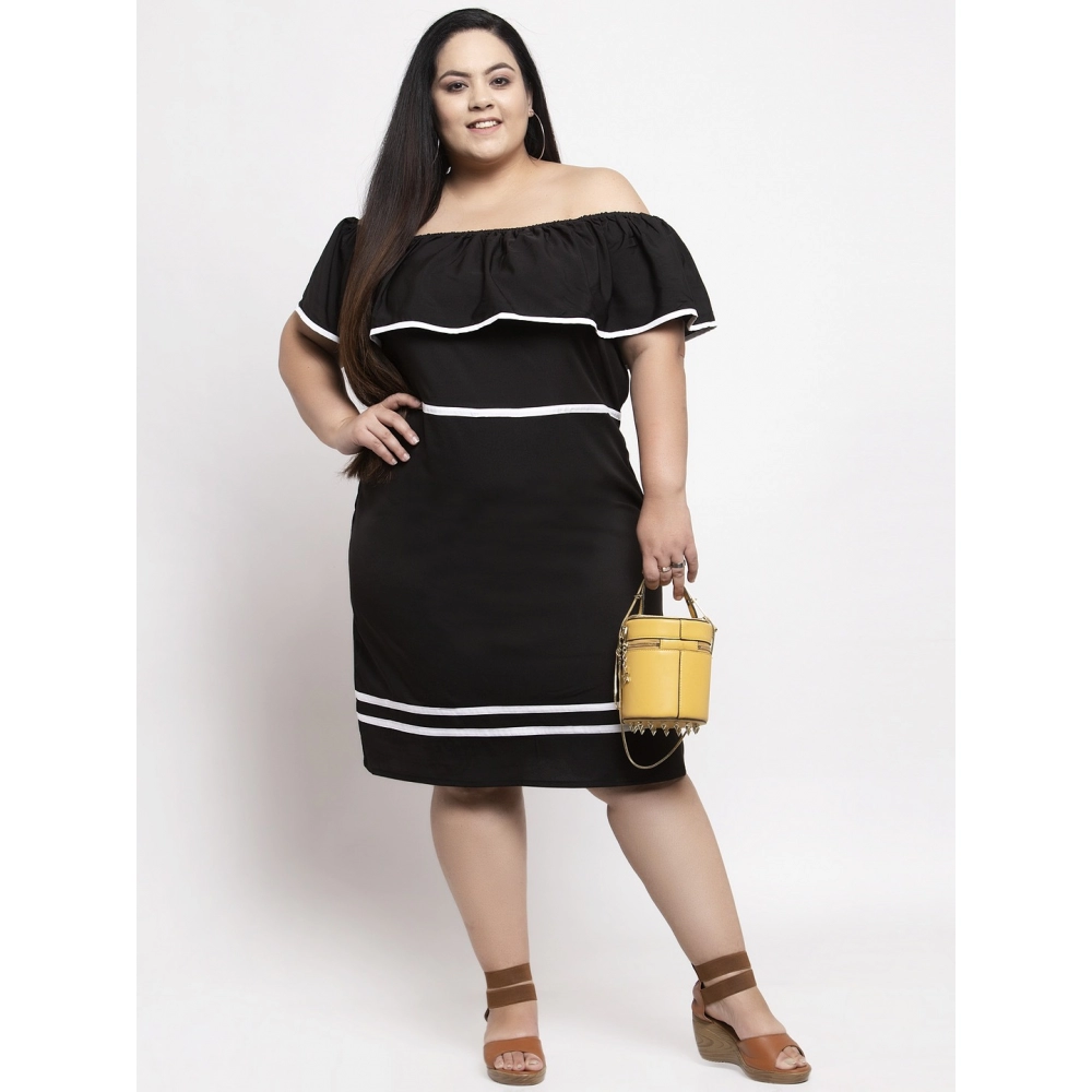 Women's Crepe Solid Knee Length Fit and Flare Dress (Black) - Image 3