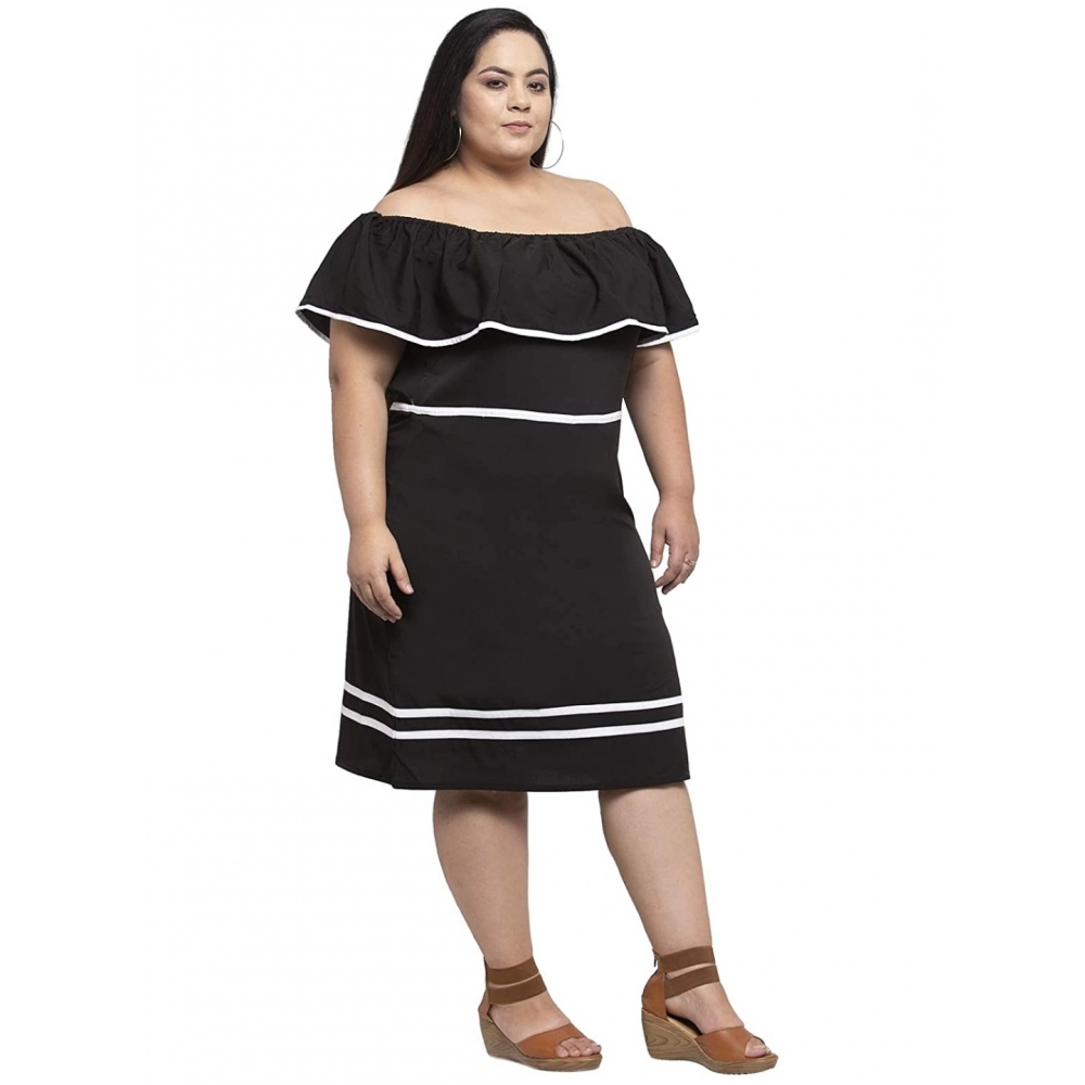 Women's Crepe Solid Knee Length Fit and Flare Dress (Black) - Image 6