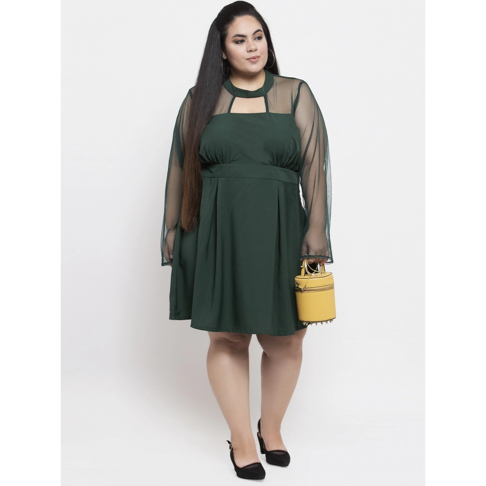 Women's Crepe Solid Knee Length Fit and Flare Dress (Green)