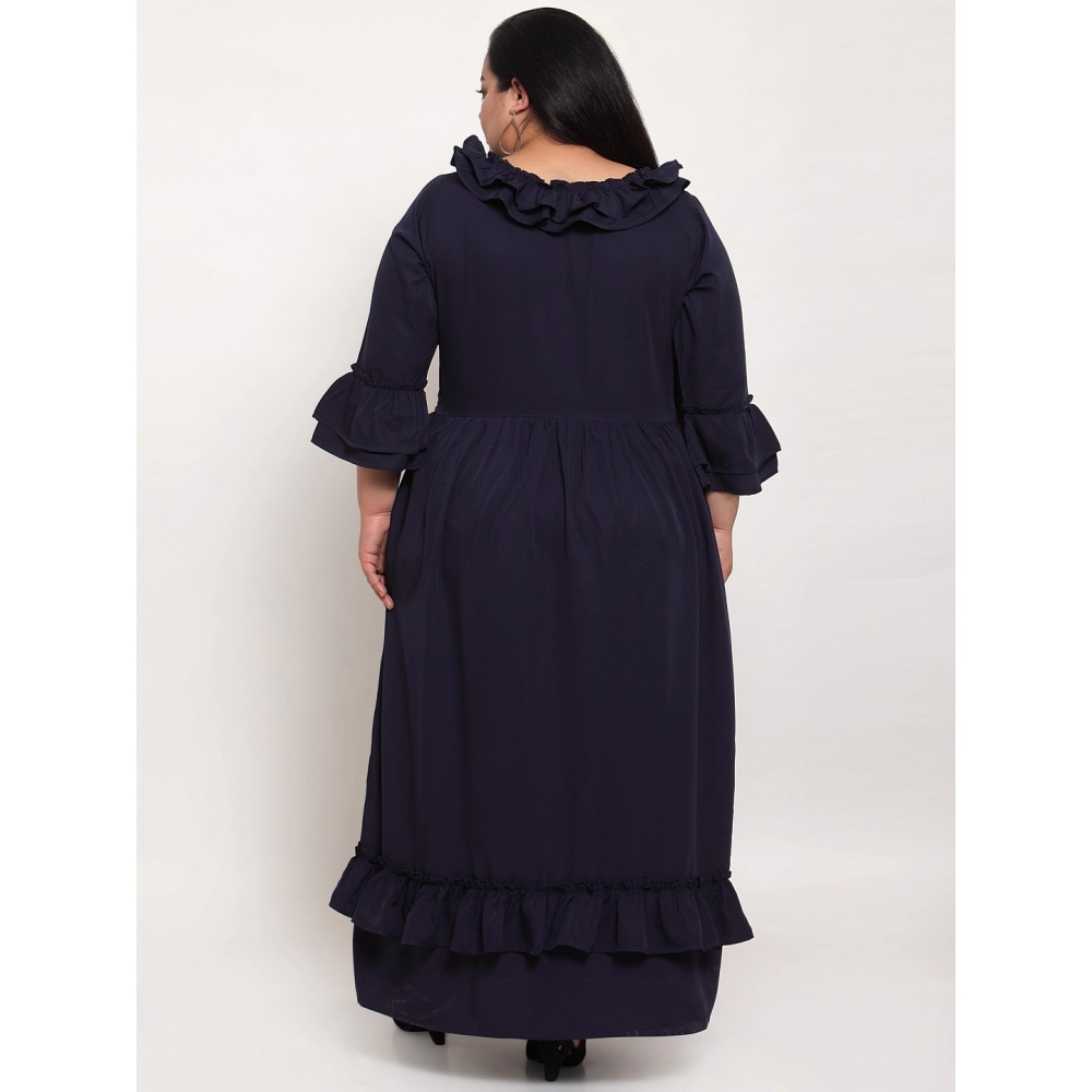 Women's Crepe Solid Full Length Fit and Flare Dress (Navy Blue) - Image 2