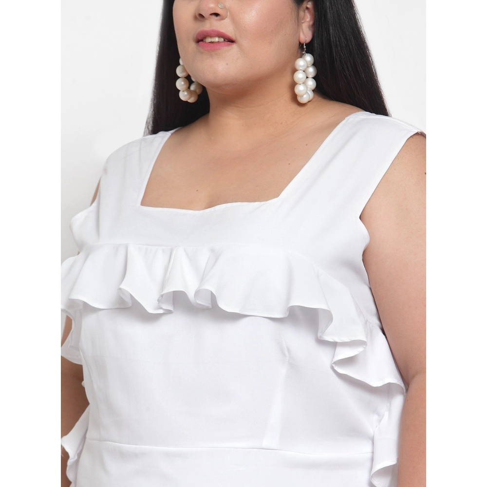 Women's Crepe Solid Knee Length Fit and Flare Dress (White) - Image 4