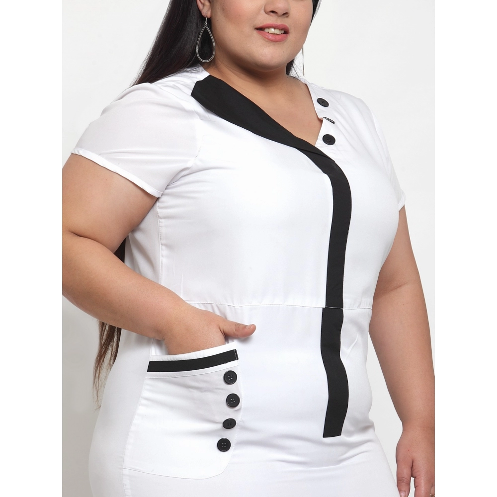 Women's Crepe Solid Knee Length Fit and Flare Dress (White) - Image 2