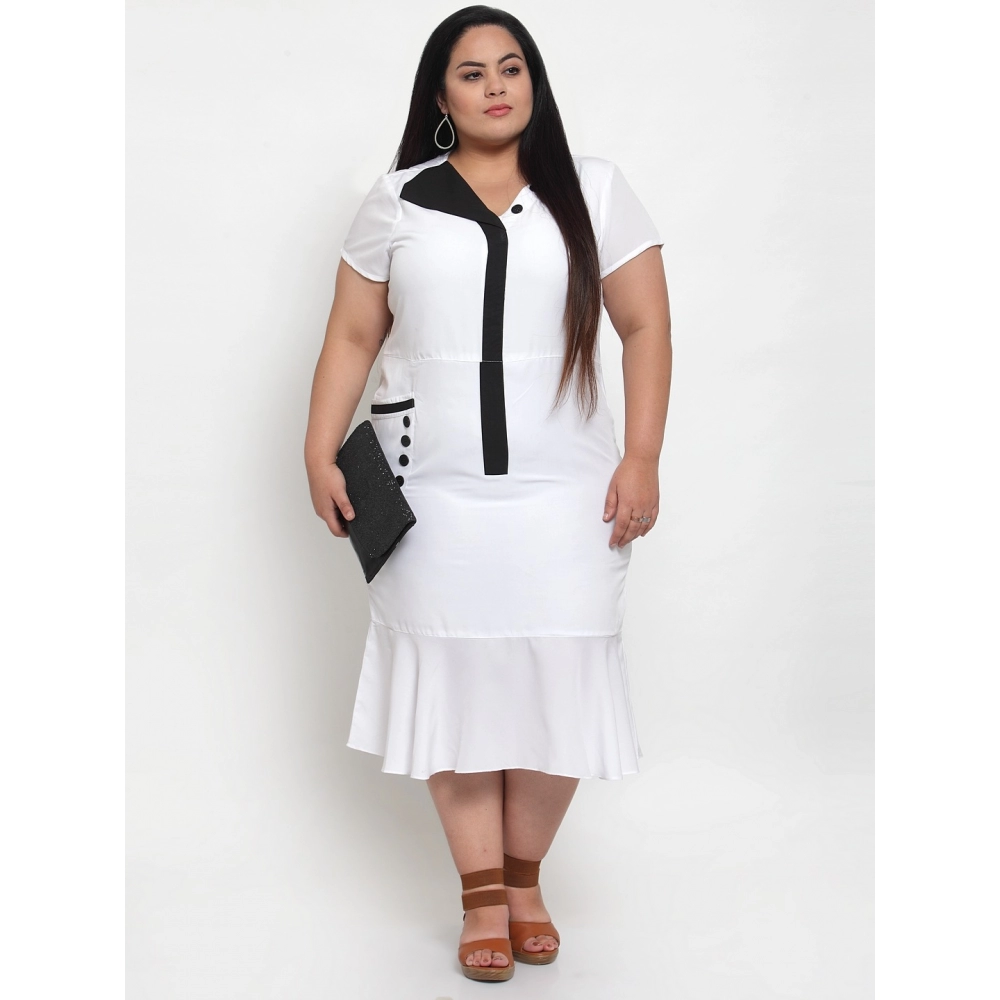 Women's Crepe Solid Knee Length Fit and Flare Dress (White) - Image 4