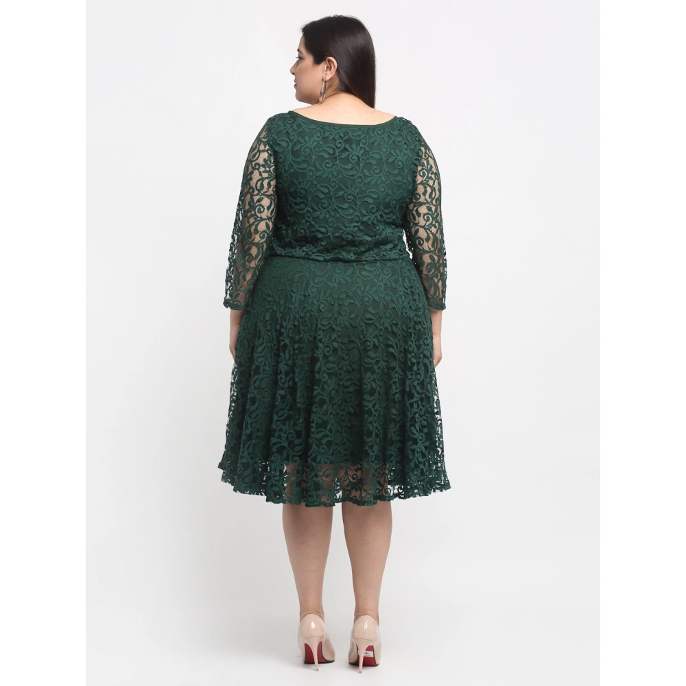 Women's Net Solid Knee Length Fit and Flare Dress (Botal Green) - Image 2