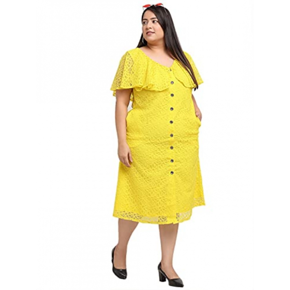 Women's Net Solid Knee Length Fit and Flare Dress (Yellow) - Image 6