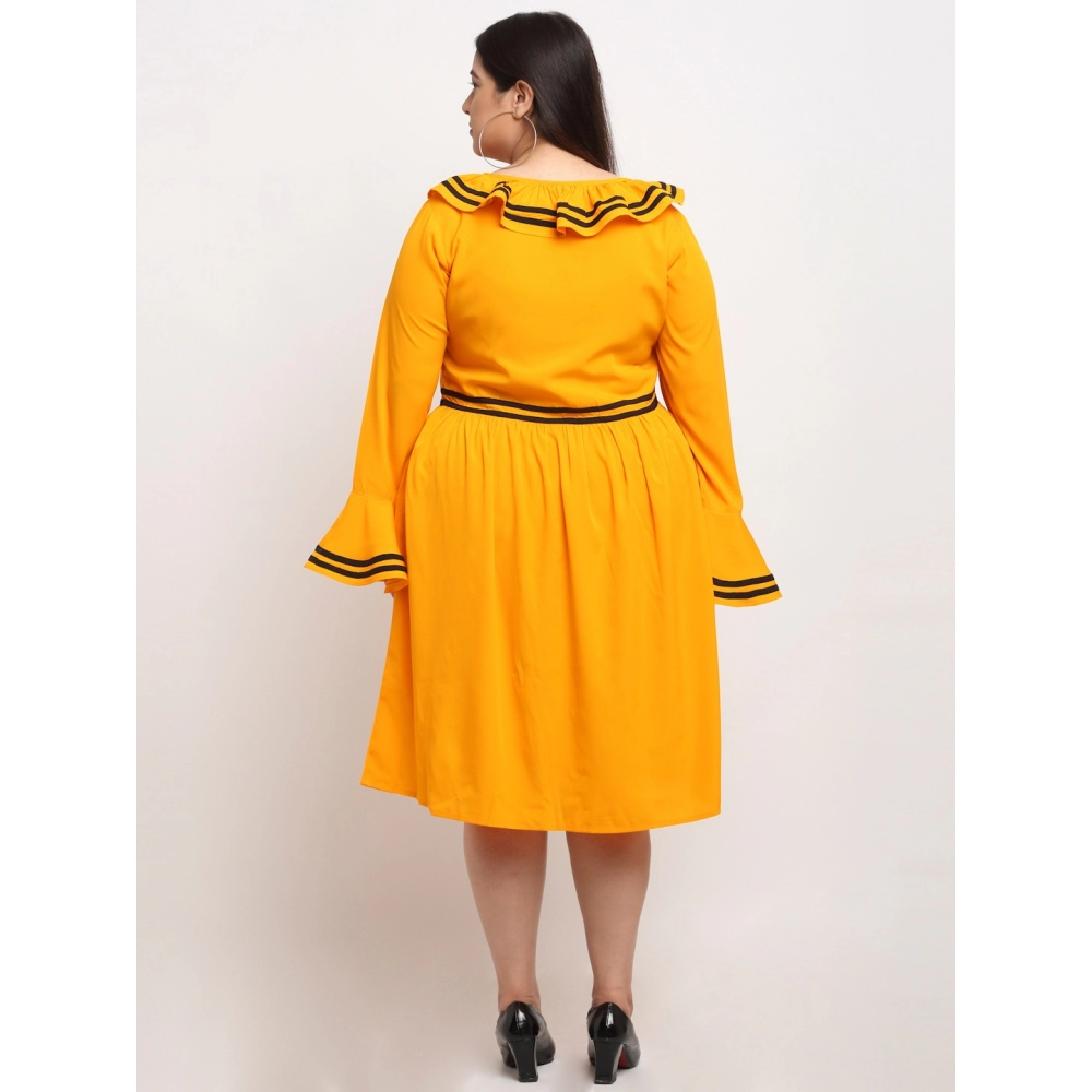 Women's Crepe Solid Knee Length Fit and Flare Dress (Yellow) - Image 2