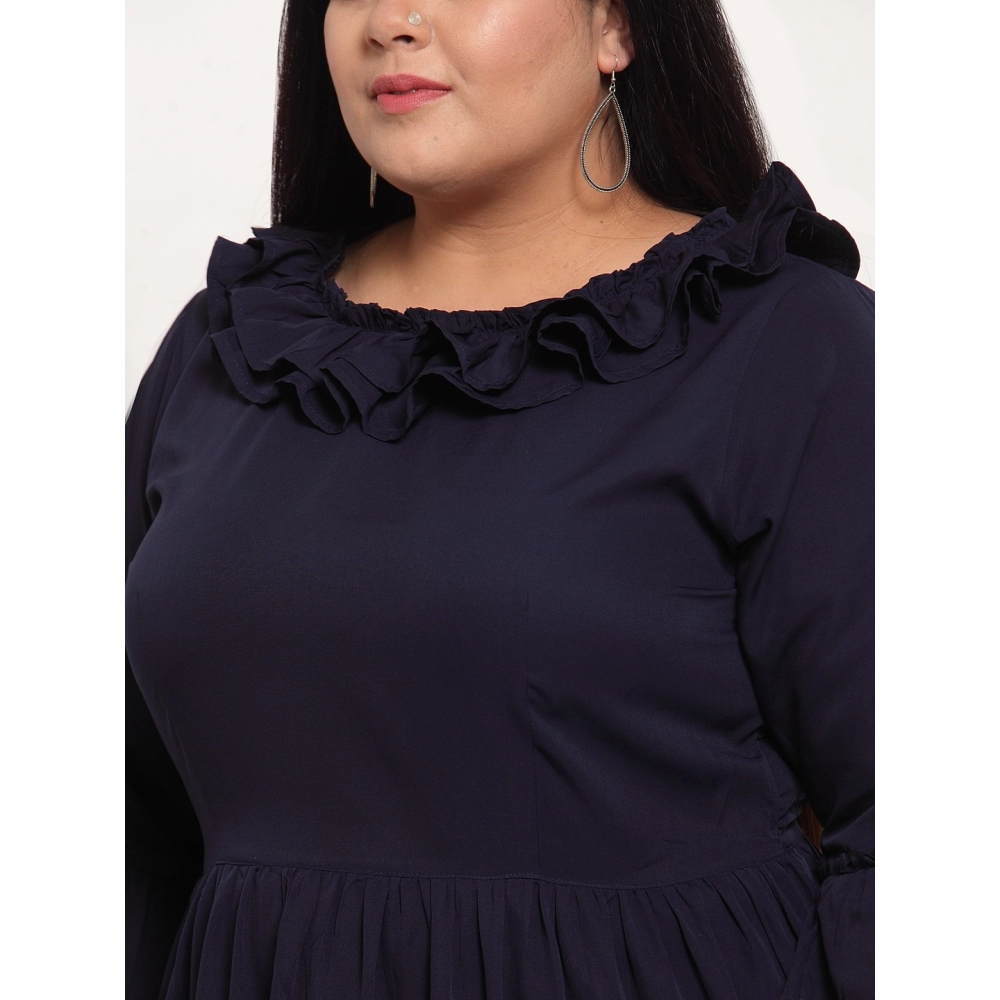 Women's Crepe Solid Full Length Fit and Flare Dress (Navy Blue) - Image 4