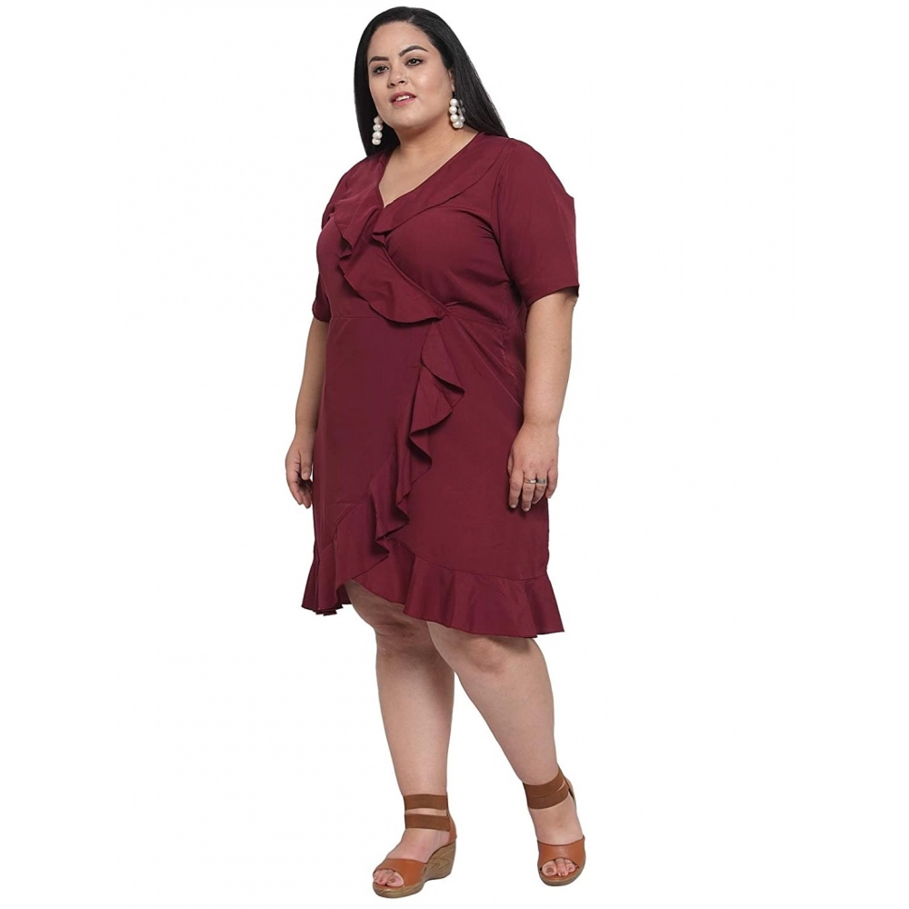Women's Crepe Solid Knee Length Fit and Flare Dress (Maroon) - Image 6