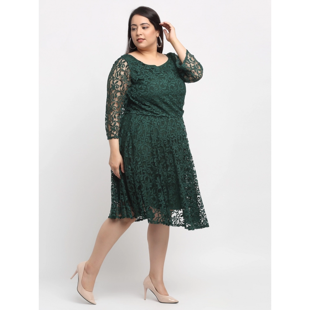 Women's Net Solid Knee Length Fit and Flare Dress (Botal Green) - Image 3