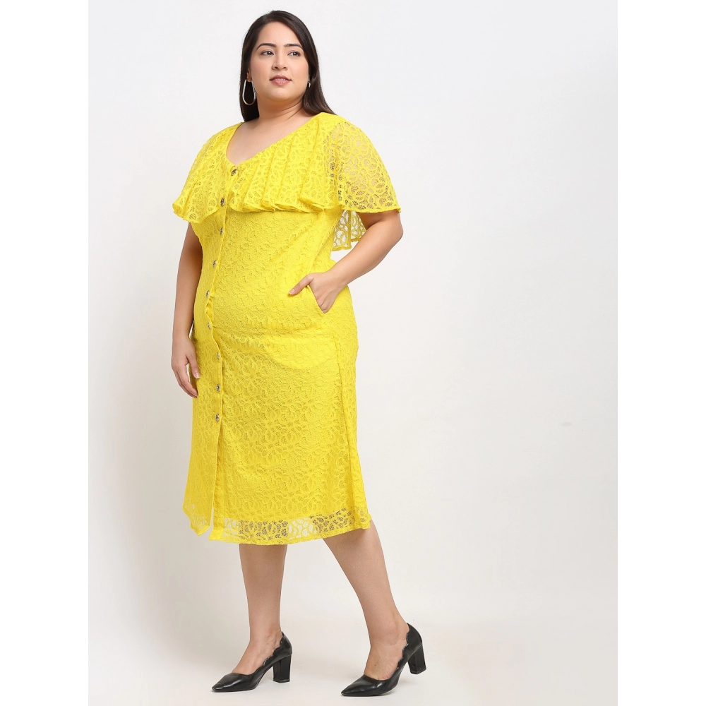 Women's Net Solid Knee Length Fit and Flare Dress (Yellow) - Image 3