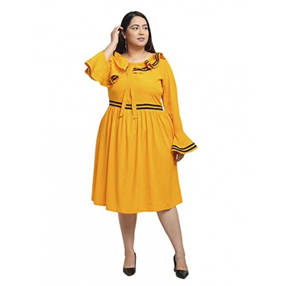 Women's Crepe Solid Knee Length Fit and Flare Dress (Yellow)