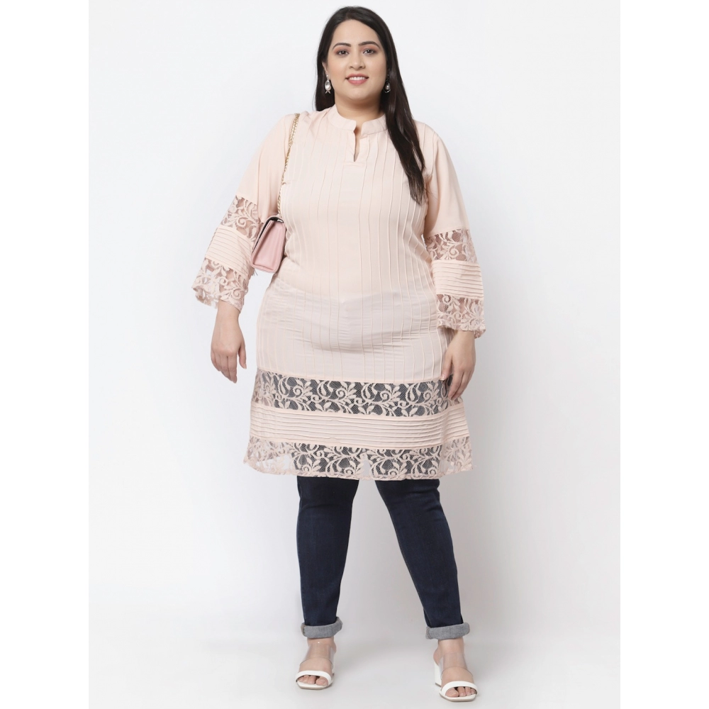 Women's Crepe Solid Knee Length Fit and Flare Dress (Beige) - Image 3