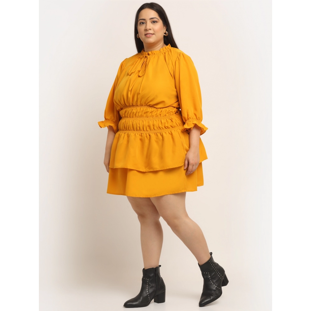 Women's Crepe Solid Knee Length Fit and Flare Dress (Yellow) - Image 3