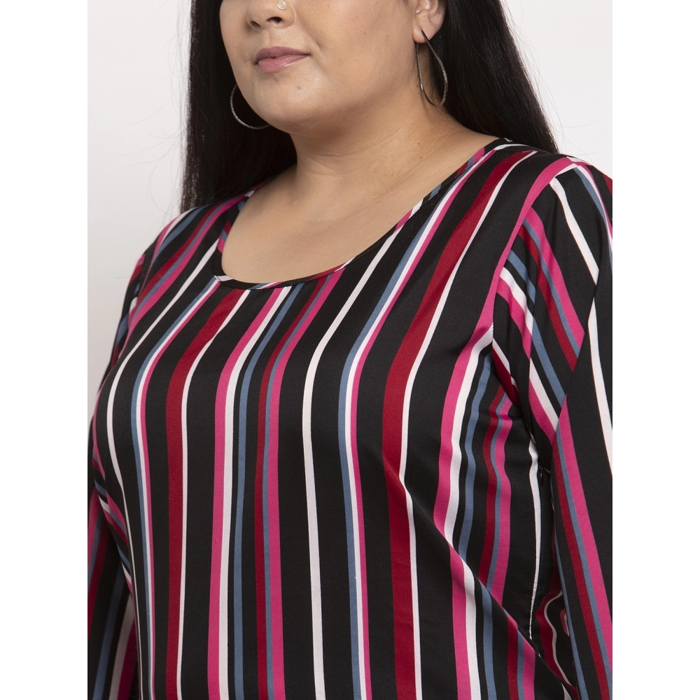 Women's Crepe Printed Strip Knee Length Fit and Flare Dress (Multicolor) - Image 2