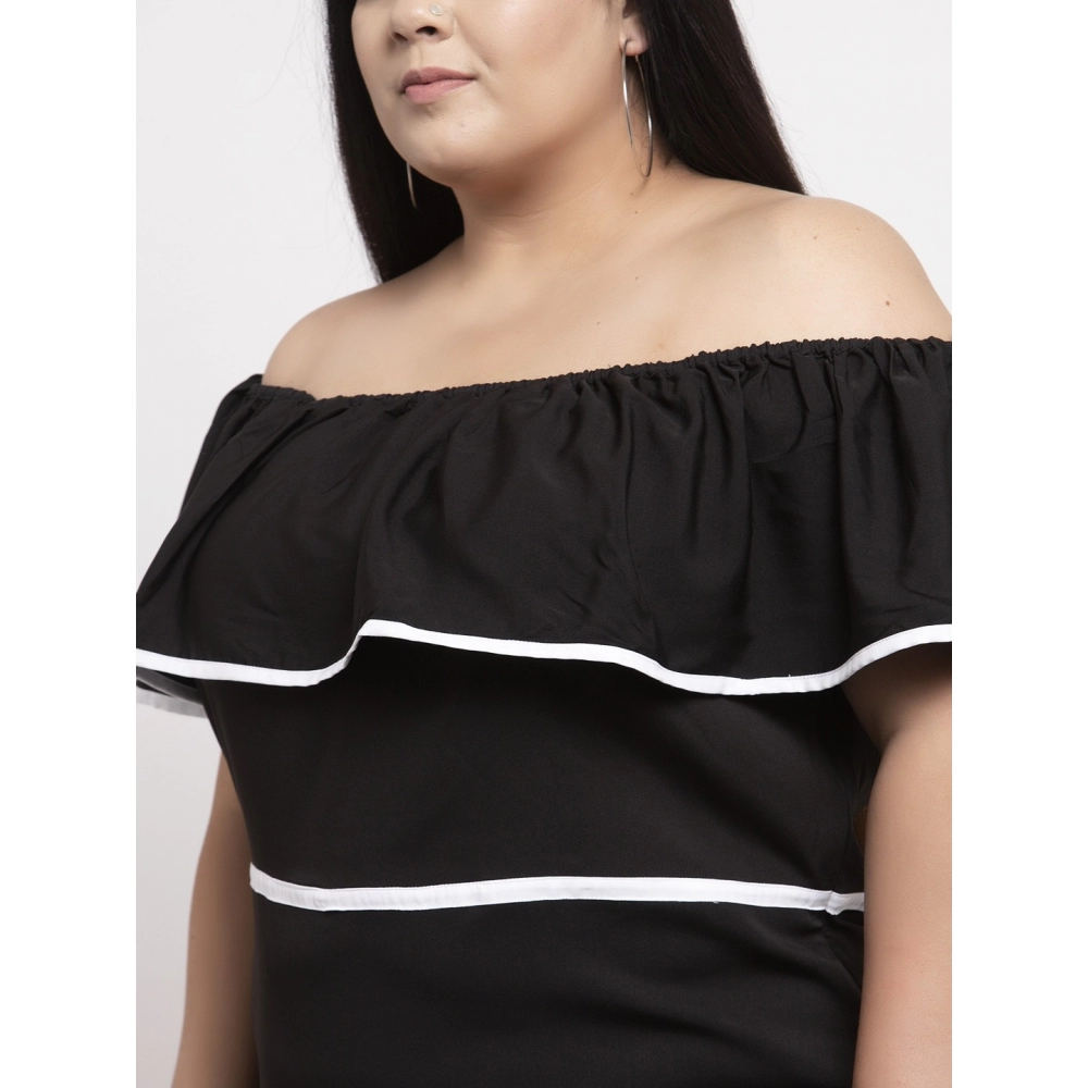 Women's Crepe Solid Knee Length Fit and Flare Dress (Black) - Image 4