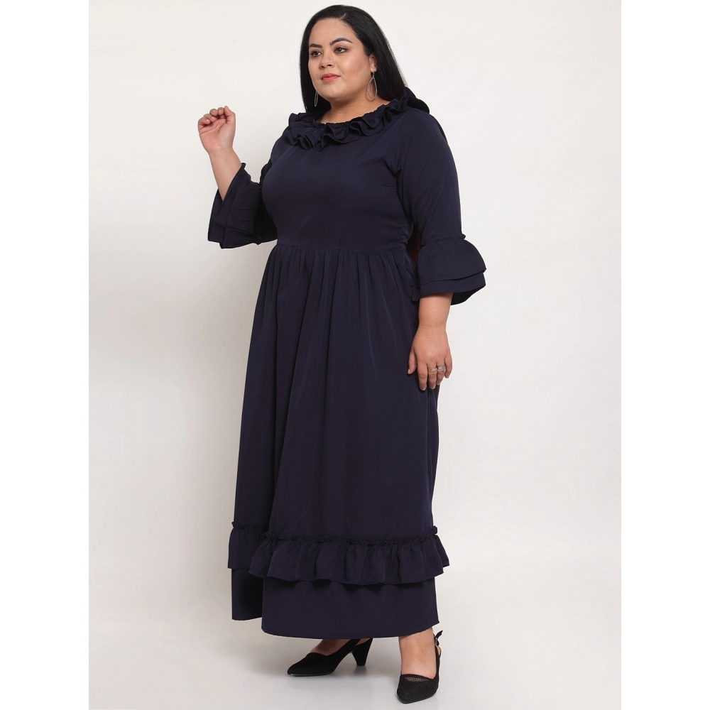 Women's Crepe Solid Full Length Fit and Flare Dress (Navy Blue) - Image 6