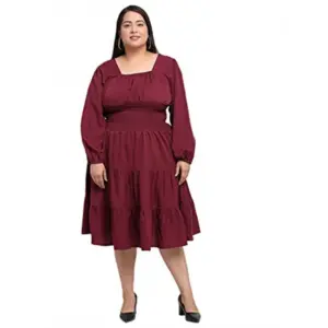 Women's Crepe Solid Knee Length Fit and Flare Dress (Maroon)