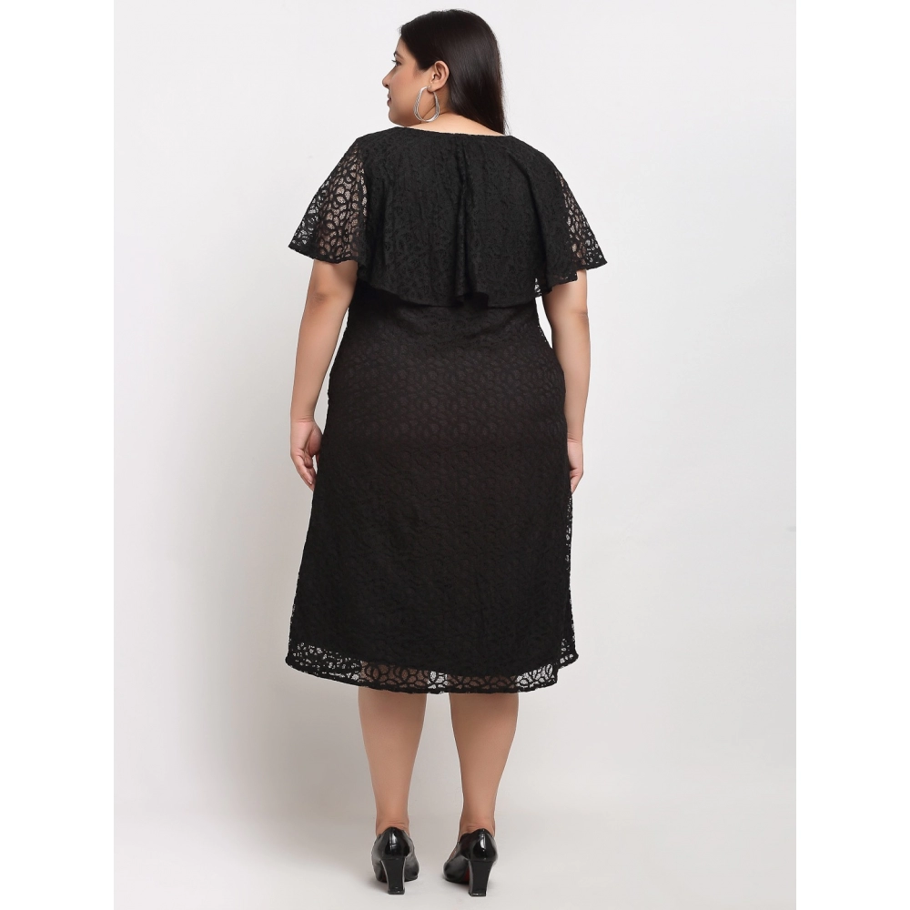 Women's Net Solid Knee Length Fit and Flare Dress (Black) - Image 2