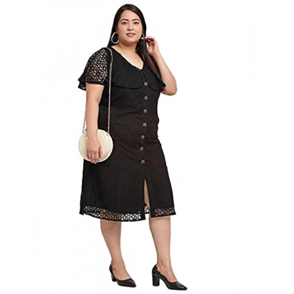 Women's Net Solid Knee Length Fit and Flare Dress (Black) - Image 5