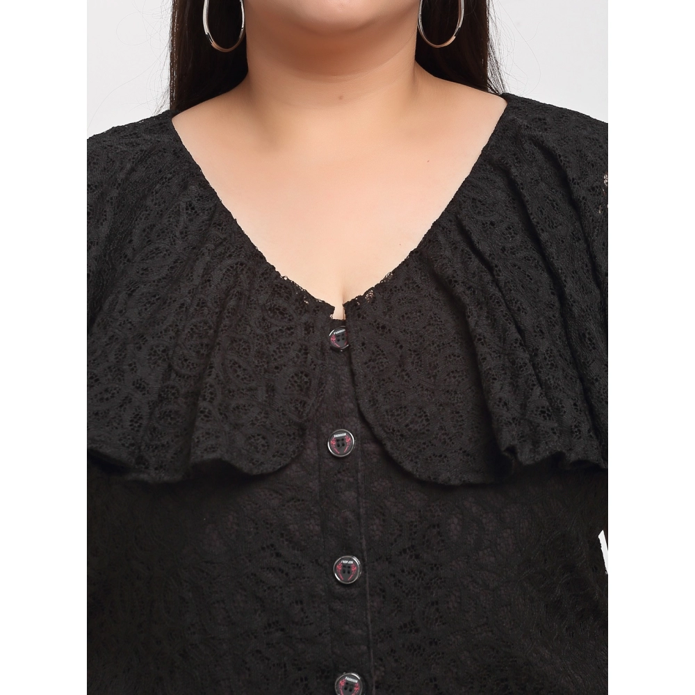 Women's Net Solid Knee Length Fit and Flare Dress (Black) - Image 3