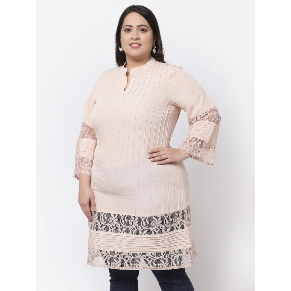 Women's Crepe Solid Knee Length Fit and Flare Dress (Beige) - Image 6