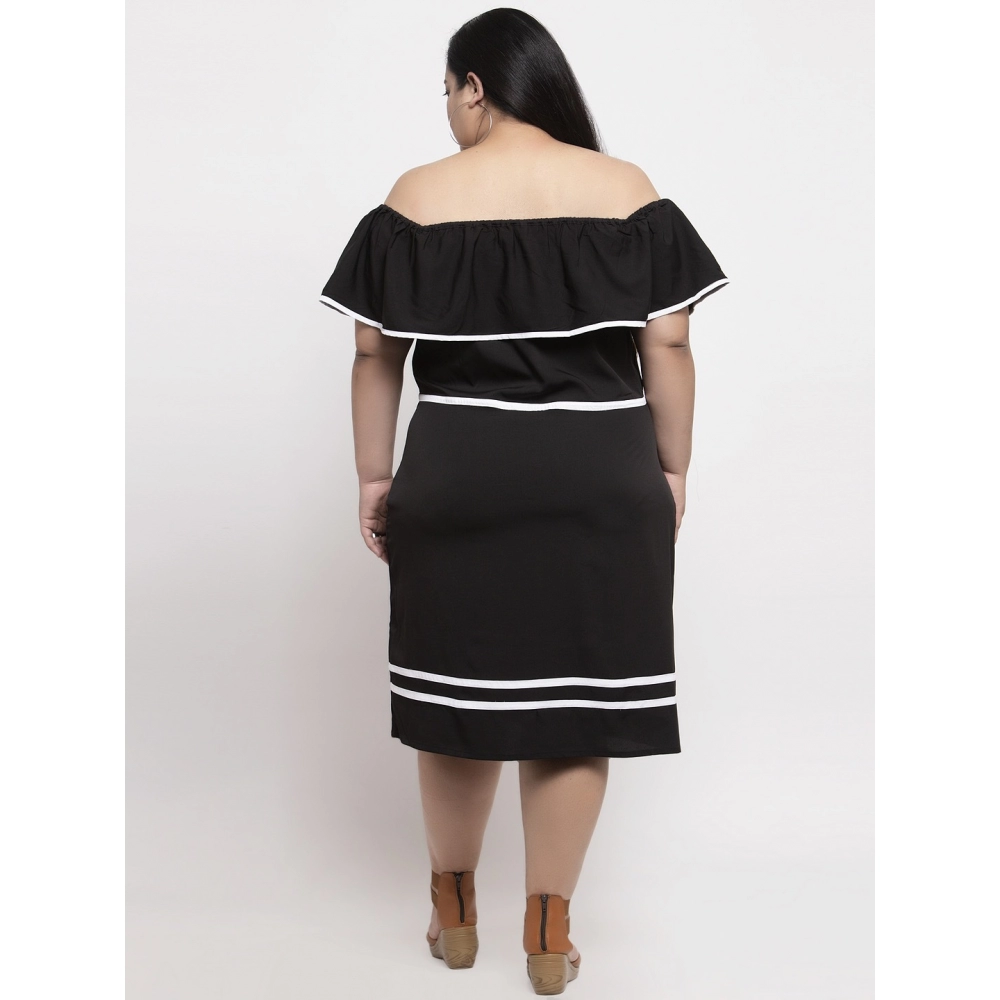 Women's Crepe Solid Knee Length Fit and Flare Dress (Black) - Image 2