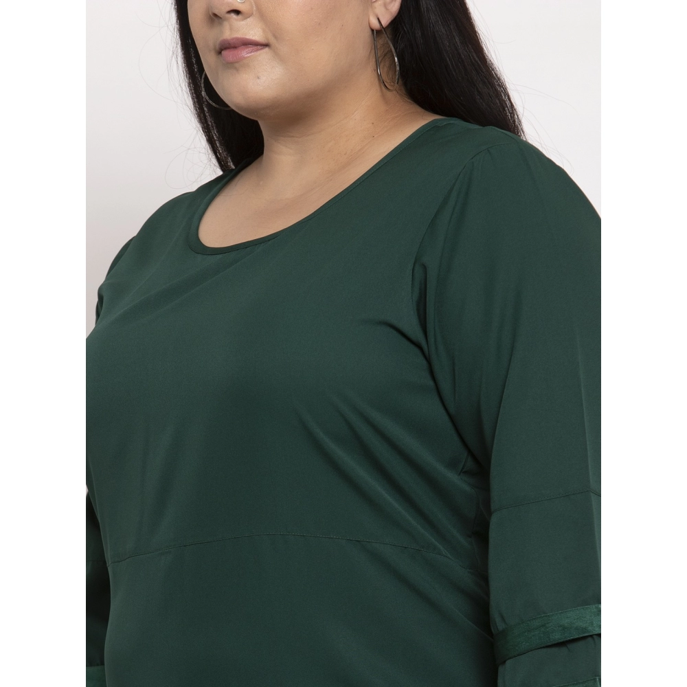 Women's Crepe Solid Knee Length Fit and Flare Dress (Green) - Image 3