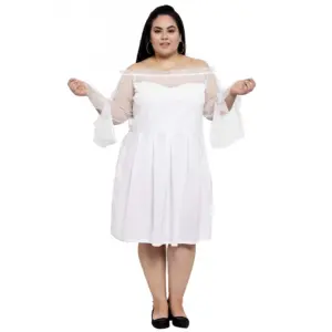 Women's Crepe Solid Knee Length Fit and Flare Dress (White)