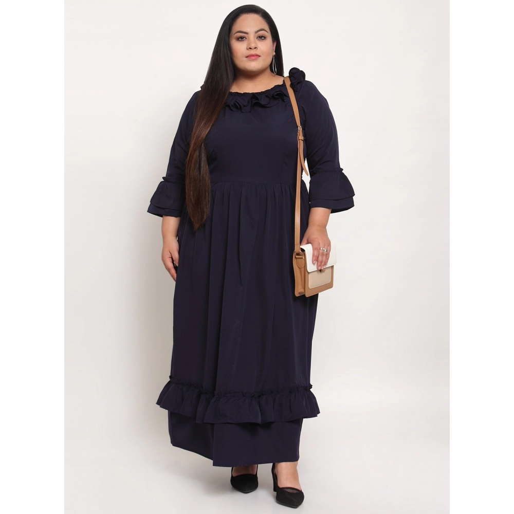 Women's Crepe Solid Full Length Fit and Flare Dress (Navy Blue) - Image 3