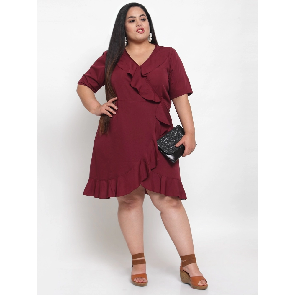 Women's Crepe Solid Knee Length Fit and Flare Dress (Maroon) - Image 3