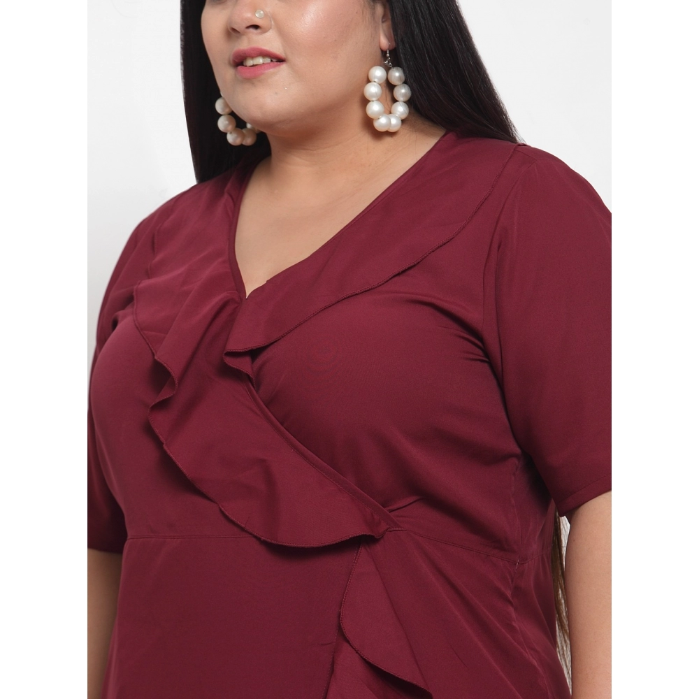 Women's Crepe Solid Knee Length Fit and Flare Dress (Maroon) - Image 4