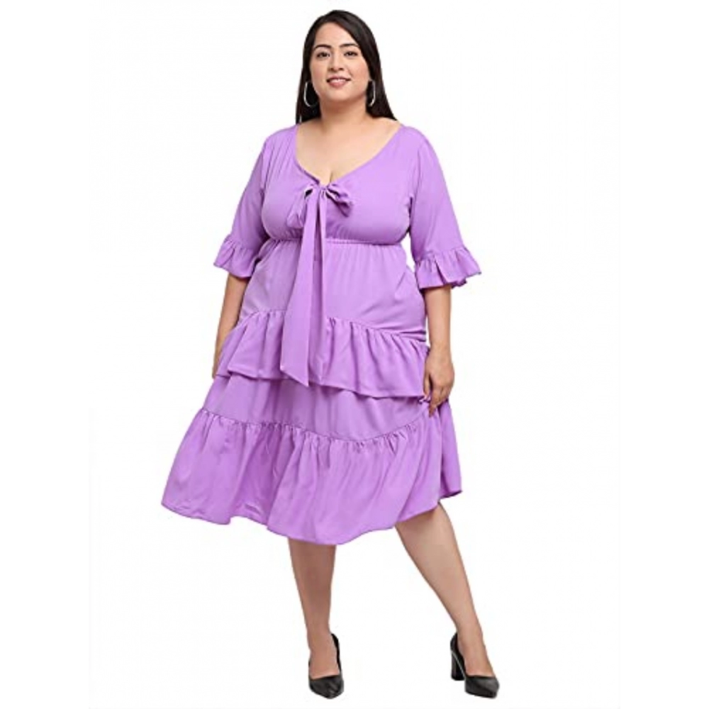 Women's Crepe Solid Knee Length Fit and Flare Dress (Purple)