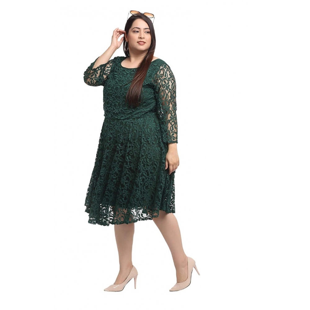 Women's Net Solid Knee Length Fit and Flare Dress (Botal Green) - Image 6