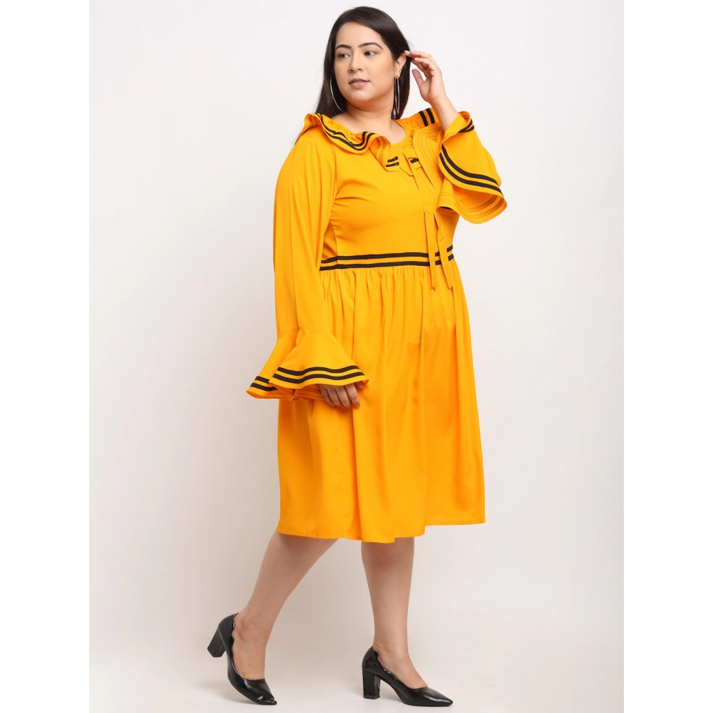 Women's Crepe Solid Knee Length Fit and Flare Dress (Yellow) - Image 3