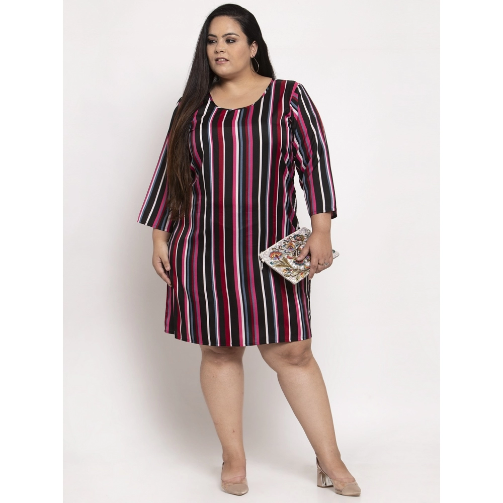 Women's Crepe Printed Strip Knee Length Fit and Flare Dress (Multicolor) - Image 4