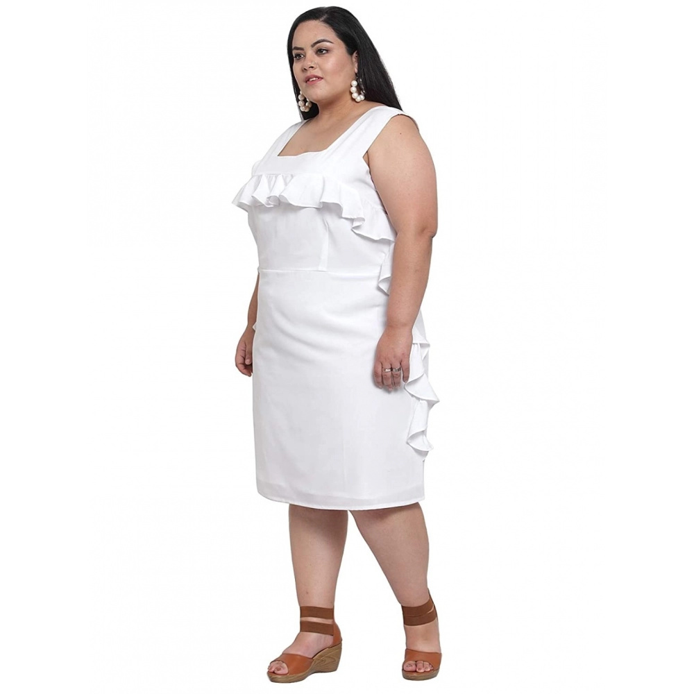 Women's Crepe Solid Knee Length Fit and Flare Dress (White) - Image 6