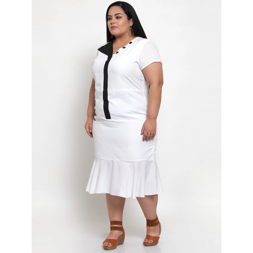 Women's Crepe Solid Knee Length Fit and Flare Dress (White) - Image 7