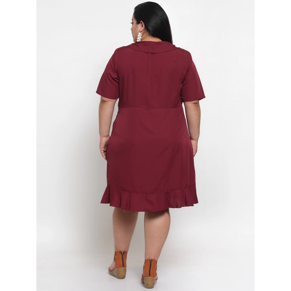 Women's Crepe Solid Knee Length Fit and Flare Dress (Maroon) - Image 2