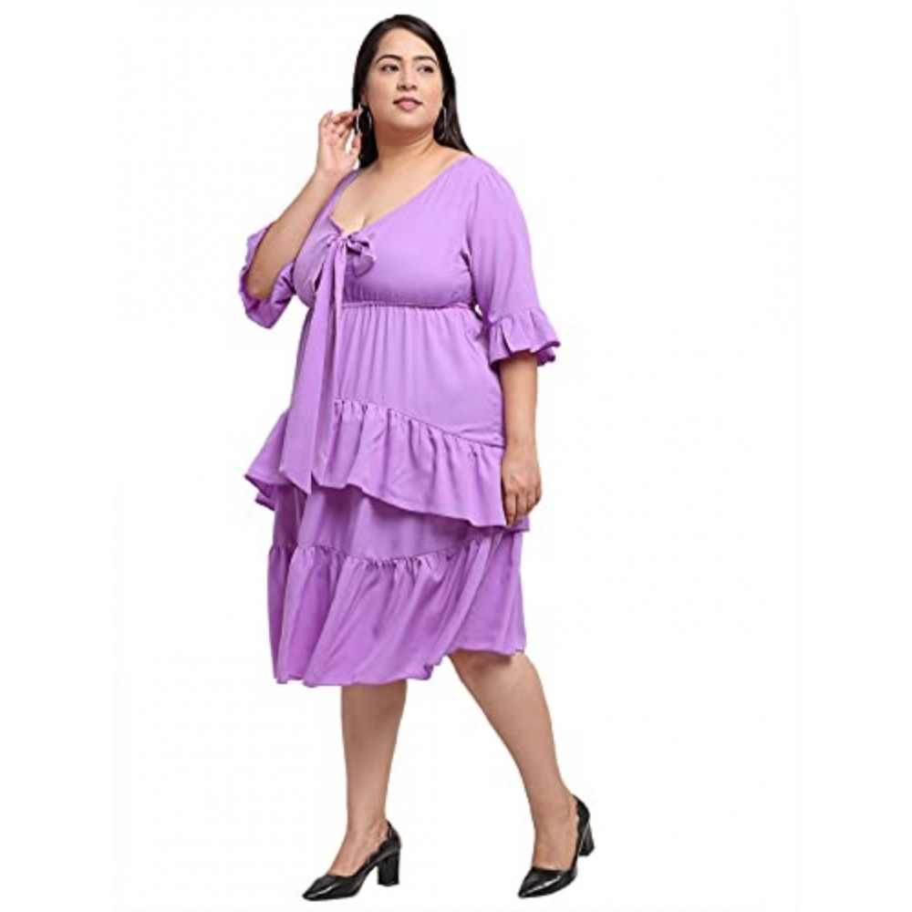 Women's Crepe Solid Knee Length Fit and Flare Dress (Purple) - Image 6