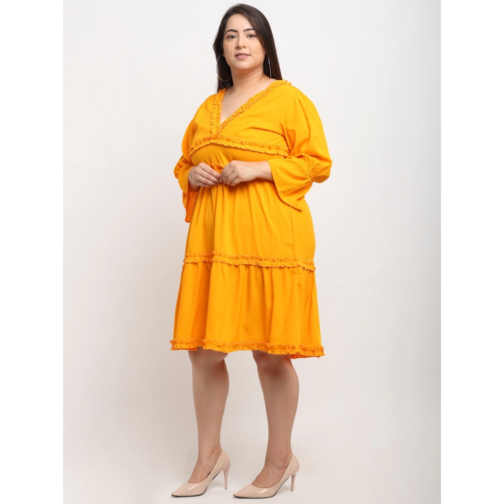 Women's Crepe Solid Knee Length Fit and Flare Dress (Yellow) - Image 3