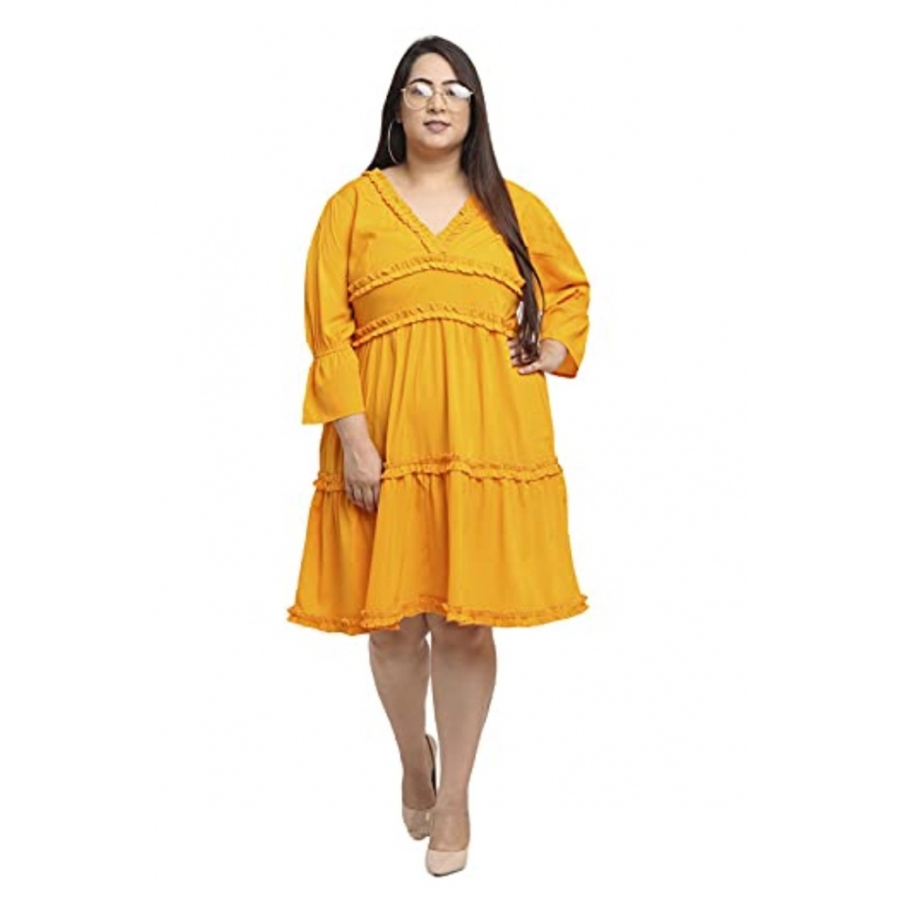 Women's Crepe Solid Knee Length Fit and Flare Dress (Yellow) - Image 6