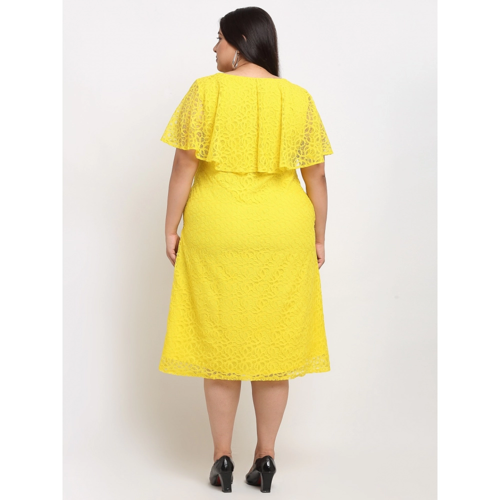 Women's Net Solid Knee Length Fit and Flare Dress (Yellow) - Image 2